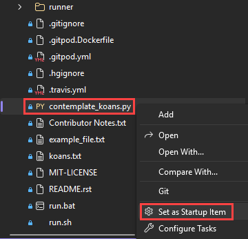 Schermopname waarop te zien is hoe u het Python-bestand contemplate koans als opstartitem instelt in Visual Studio.