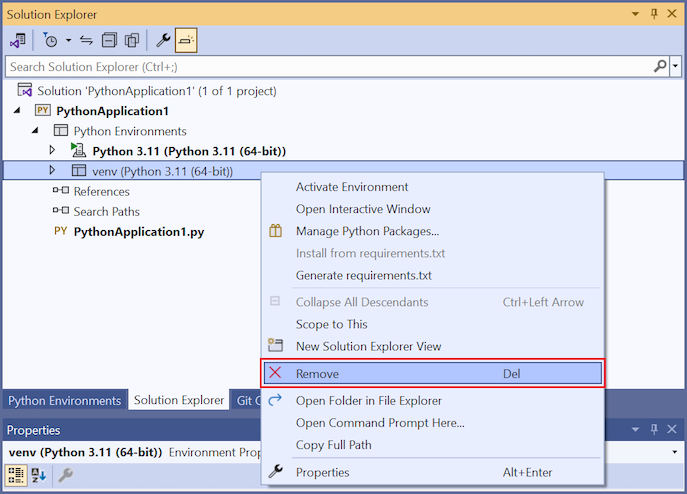 Screenshot that shows how to remove a Python environment in Visual Studio.