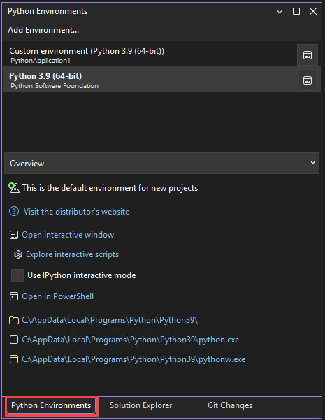 Schermopname van het venster Python-omgevingen in Visual Studio.