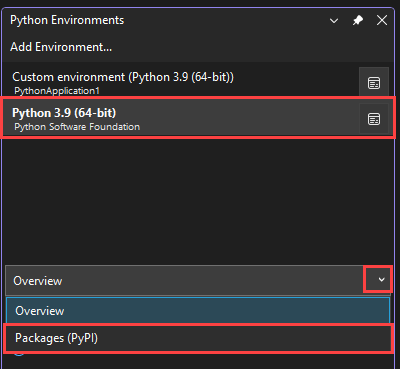 Schermopname van het selecteren van de optie Packages PyPI voor de geselecteerde omgeving om de geïnstalleerde pakketten te zien.