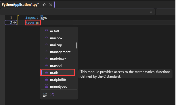 Schermopname die laat zien hoe IntelliSense de beschikbare modules voor de instructie 'van' weergeeft in de editor in Visual Studio.
