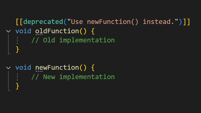 Schermopname van C++-code met het afgeschafte kenmerk gemarkeerd in kleur, waarbij de nieuwe functie voor het markeren van syntaxis wordt gedemonstreerd