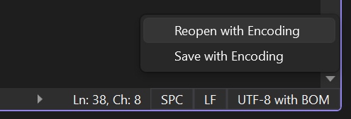 Schermopname van contextmenu met opties voor opslaan en opnieuw openen wanneer u op de coderingsmarge in de editor klikt