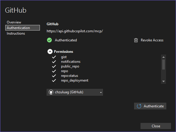 Beheervenster van MCP-server met verificatieopties