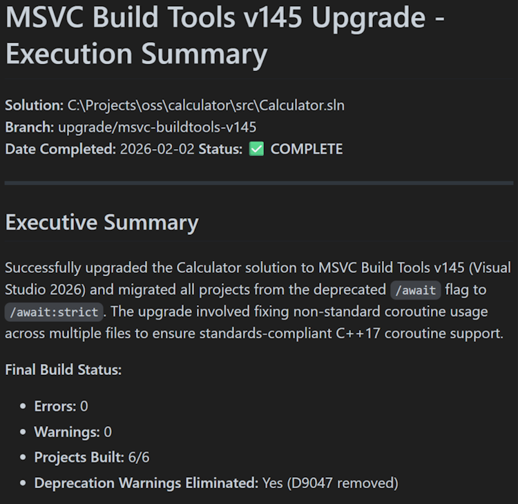 Copilot werkt uw projecten en code bij om de nieuwste MSVC te gebruiken en genereert een gedetailleerd rapport