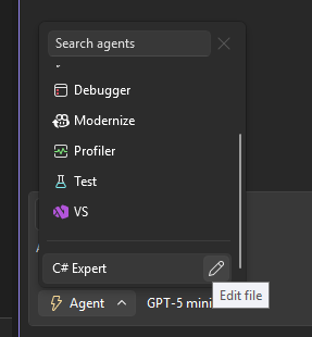 Custom-agents in de agentkiezer van Visual Studio