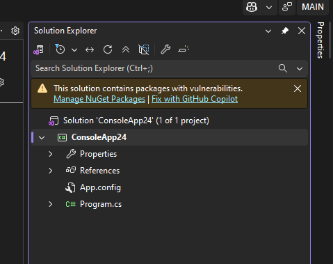 Screenshot met de melding 'Fix with Copilot' onder een NuGet-pakket met een waarschuwing voor kwetsbaarheid in Solution Explorer