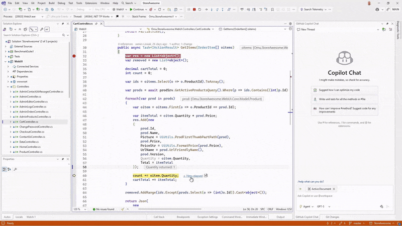 Video die demonstratie geeft van prestatietips tijdens het debuggen, met inline-uitvoermetingen en suggesties voor optimalisatie van Copilot