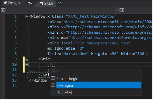 De XAML-code-editor met #region opties die worden weergegeven in IntelliSense