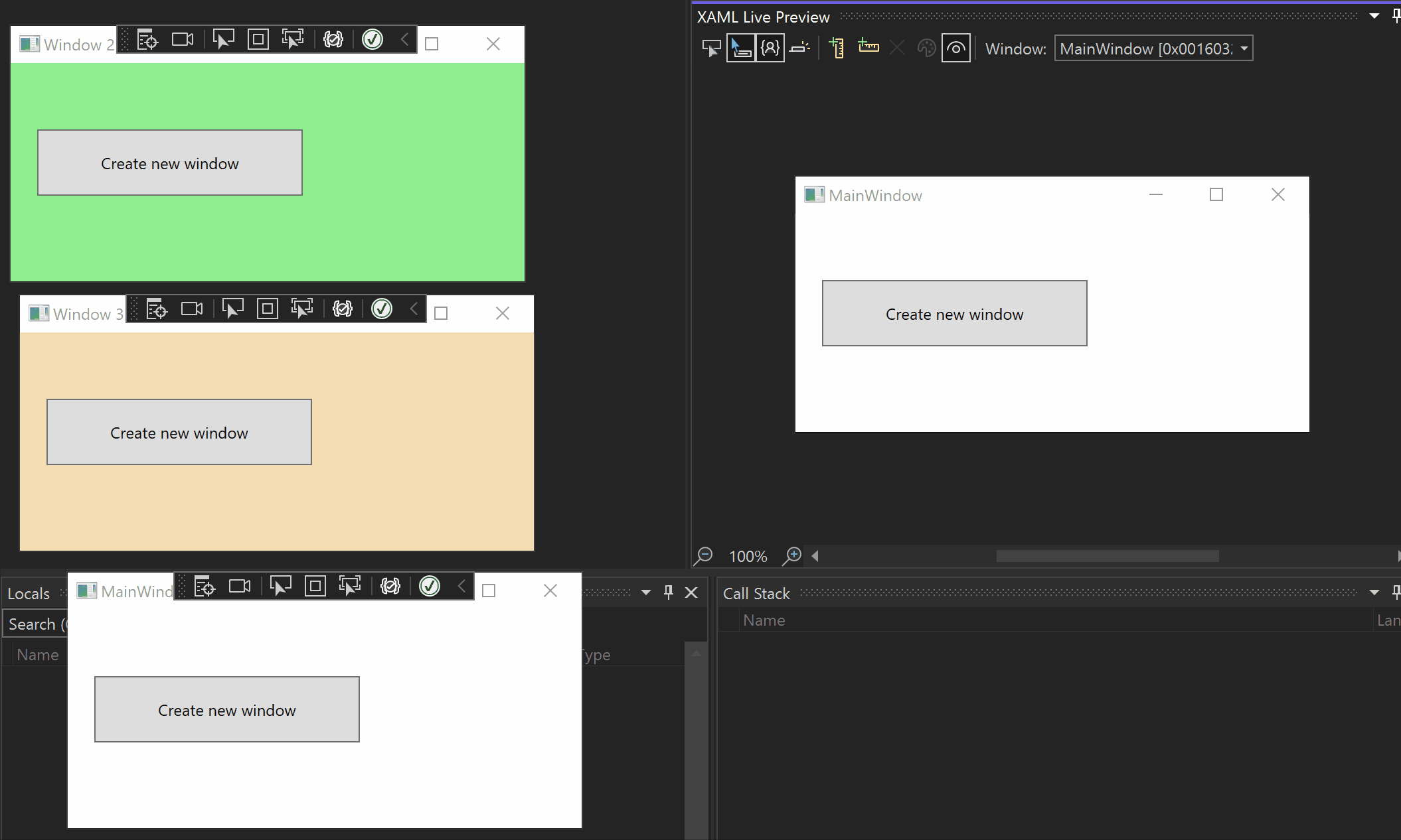Een animatie van de toepassingsfunctie met meerdere vensters in XAML Live Preview.