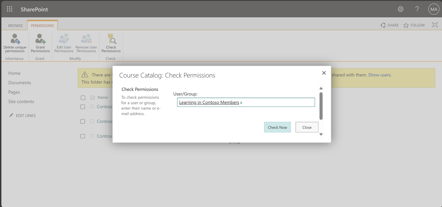 Screenshot of the course catalog check permissions window with the option to check the name of the group