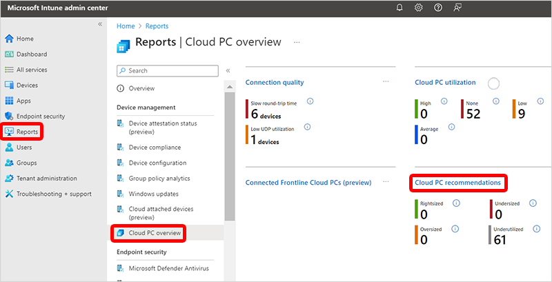 Schermopname van cloud-pc-aanbevelingsrapport.