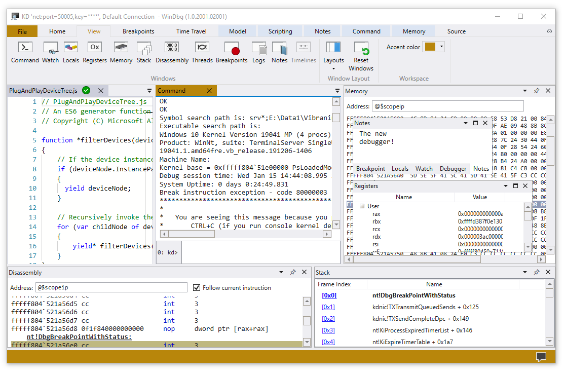 Main screen in debugger showing Command Window output from a live kernel connection.