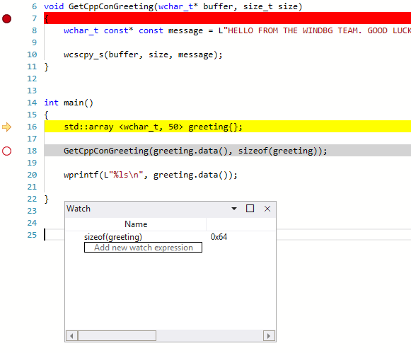 Schermopname van WinDbg met DisplayGreeting-code met het Watch Locals-venster dat 0x64 weergeeft.