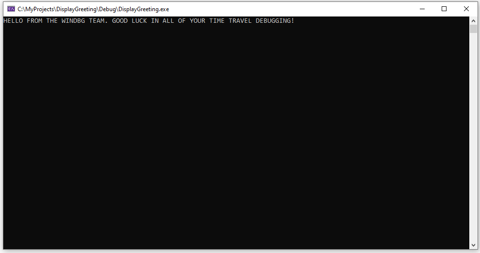 Schermopname van de console waarop het DisplayGreeting.exe-bestand wordt uitgevoerd.