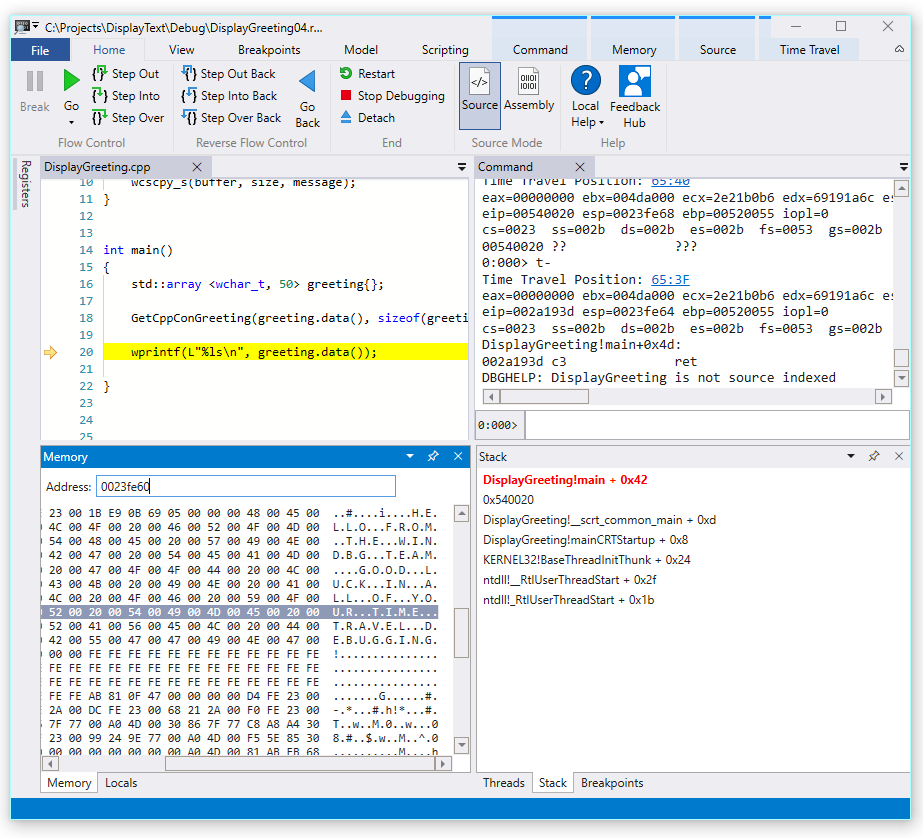 Schermopname van WinDbg Preview met geheugen ASCII-uitvoer en broncodevenster.