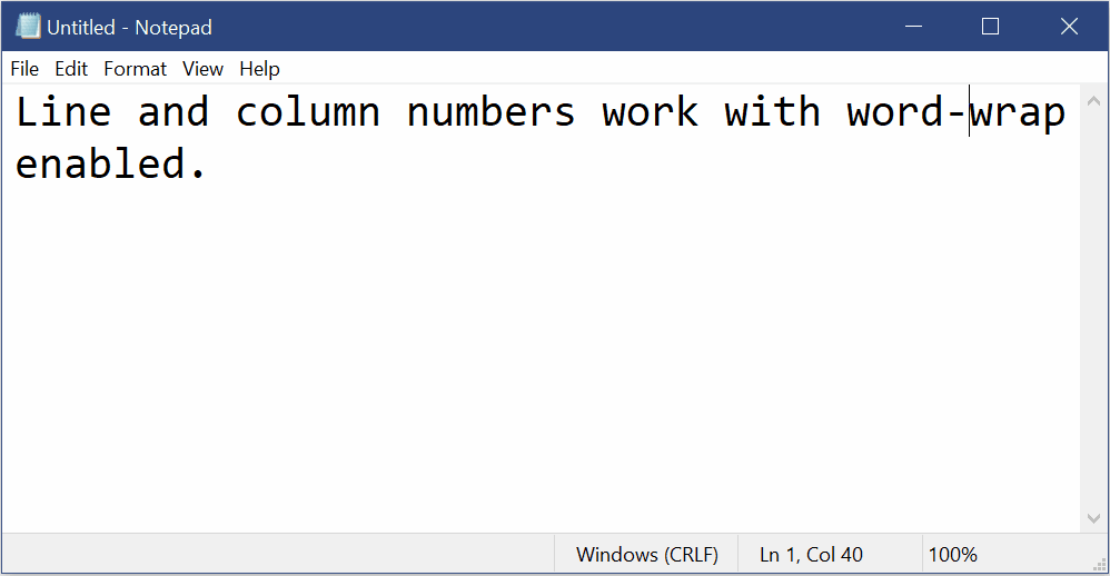 Notepad showing that line and column numbers now work with word-wrap.