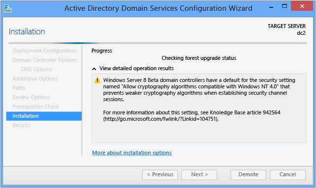 Schermopname van de installatiepagina in de wizard voor Active Directory Domain Services-configuratie.