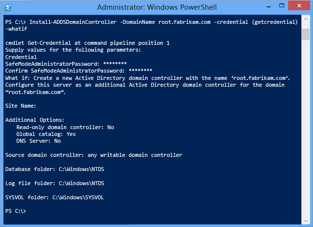 Schermopname van een terminalvenster waarin het optionele Whatif-argument wordt gebruikt met de cmdlet Install-ADDSDomainController.