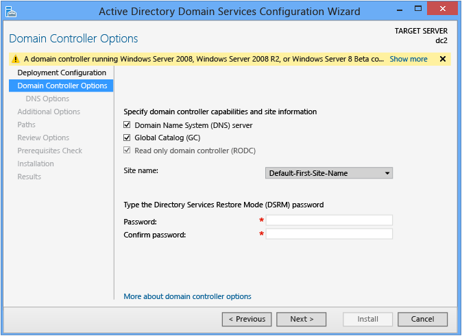 Schermopname met de waarschuwing dat u geen alleen-lezen domeincontrollers kunt maken als op uw bestaande domeincontrollers Windows Server 2003 wordt uitgevoerd.