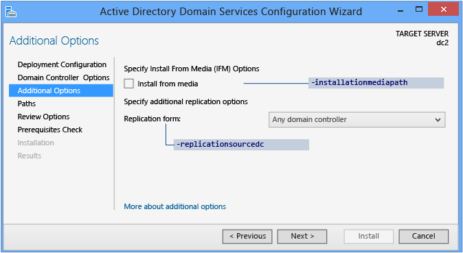 schermopname van de pagina Aanvullende opties van de wizard Active Directory Domain Services-configuratie.