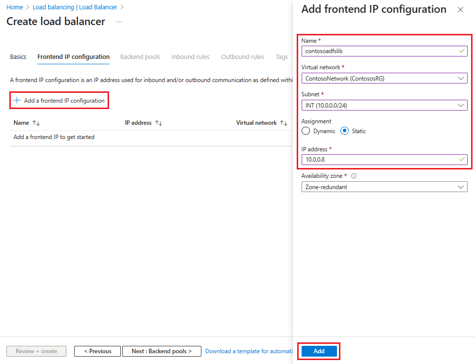 Screenshot showing how to add a frontend IP configuration when you create a load balancer.