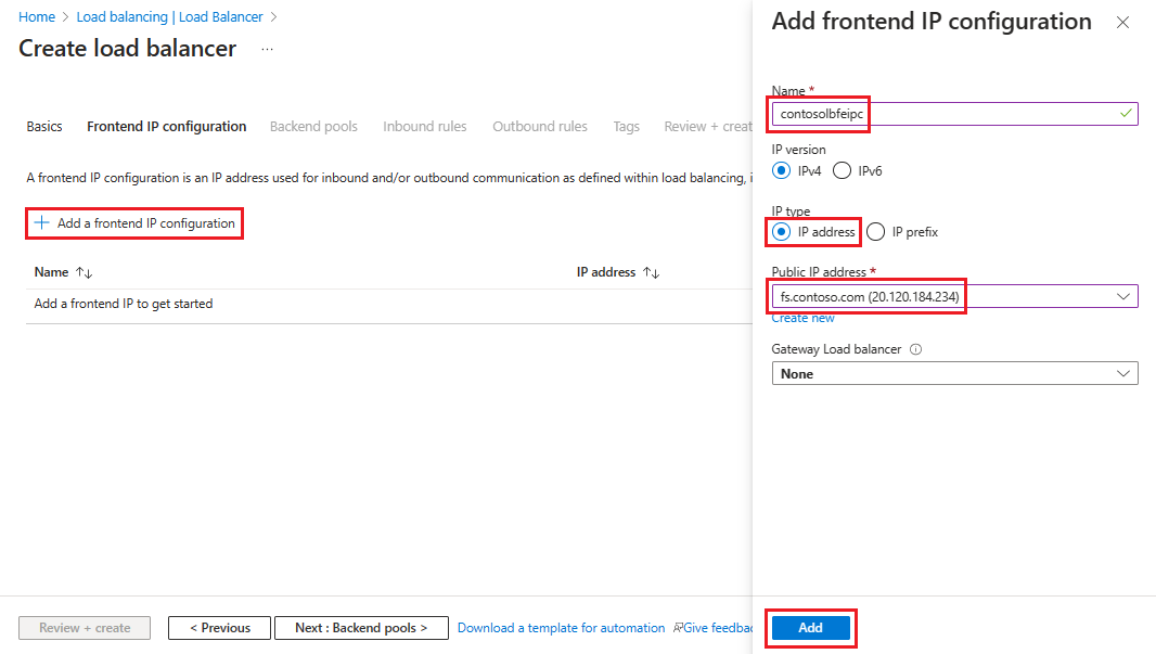 Screenshot showing how to add a frontend IP configuration when you create a public load balancer.