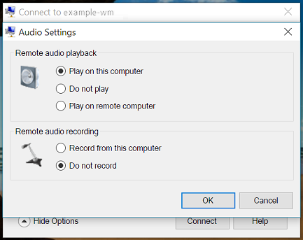 Schermopname van de pagina Audio-instellingen. Externe audio is ingesteld om af te spelen op deze computer en externe audio-opname is uitgeschakeld.