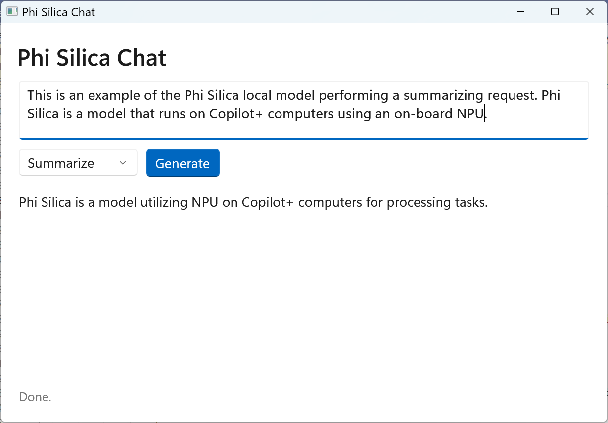 Schermopname van de voltooide Phi Silicium-chat-app met een prompt en antwoord.