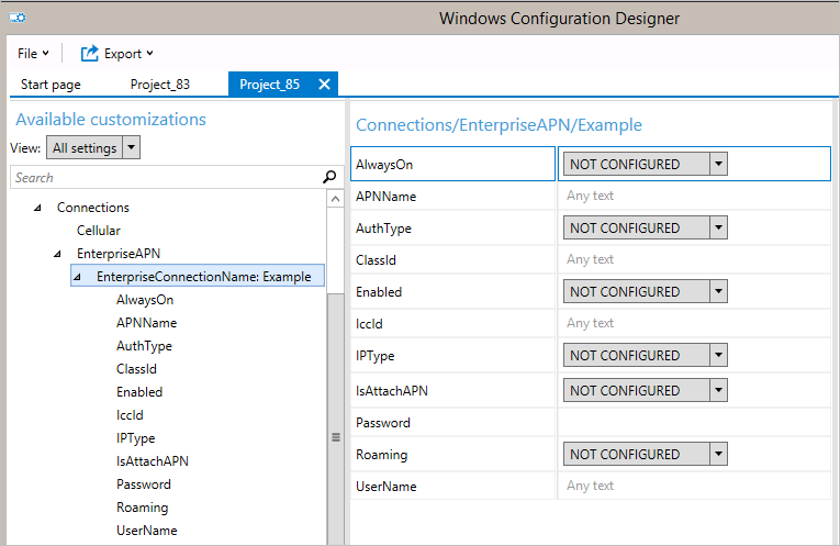 settings for new connection.