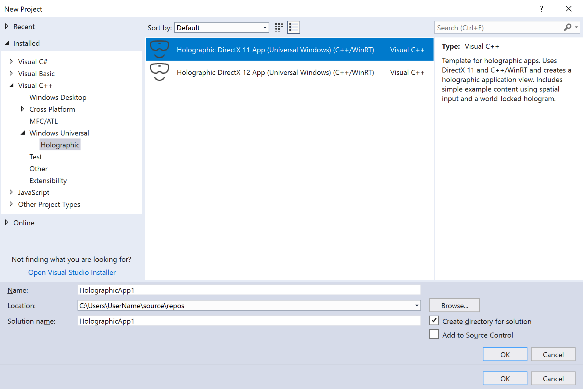 Schermopname van de projectsjabloon Holographic DirectX 11 C++/WinRT UWP-app in Visual Studio 2017