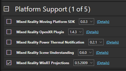 Een lijst met het pakket Mixed Reality WinRT-projecties onder de header Platform Support in het Mixed Reality Feature Tool.