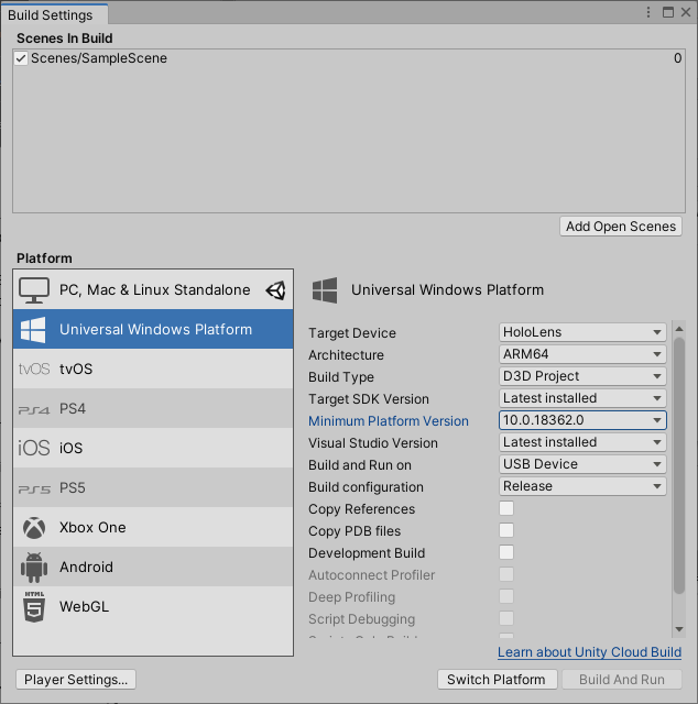 Schermopname van het venster Build Settings geopend in unity editor met Universeel Windows-platform gemarkeerd