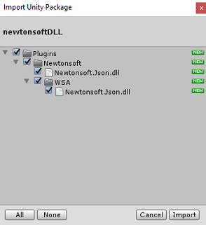 Schermopname van het pop-upvak Import Unity Package met Plugins geselecteerd.