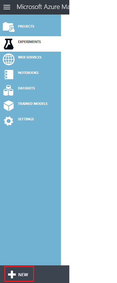 Schermopname van de klassieke Portal van Microsoft Azure Machine Learning Studio, waarin de gemarkeerde knop Nieuw in het menu wordt weergegeven.