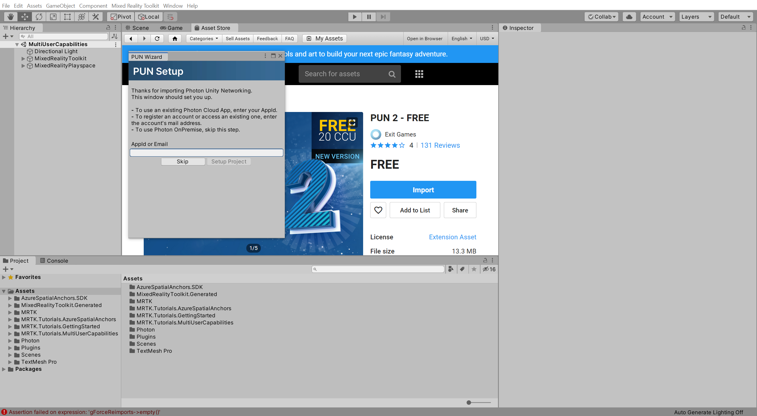Installatievenster unity met PUN