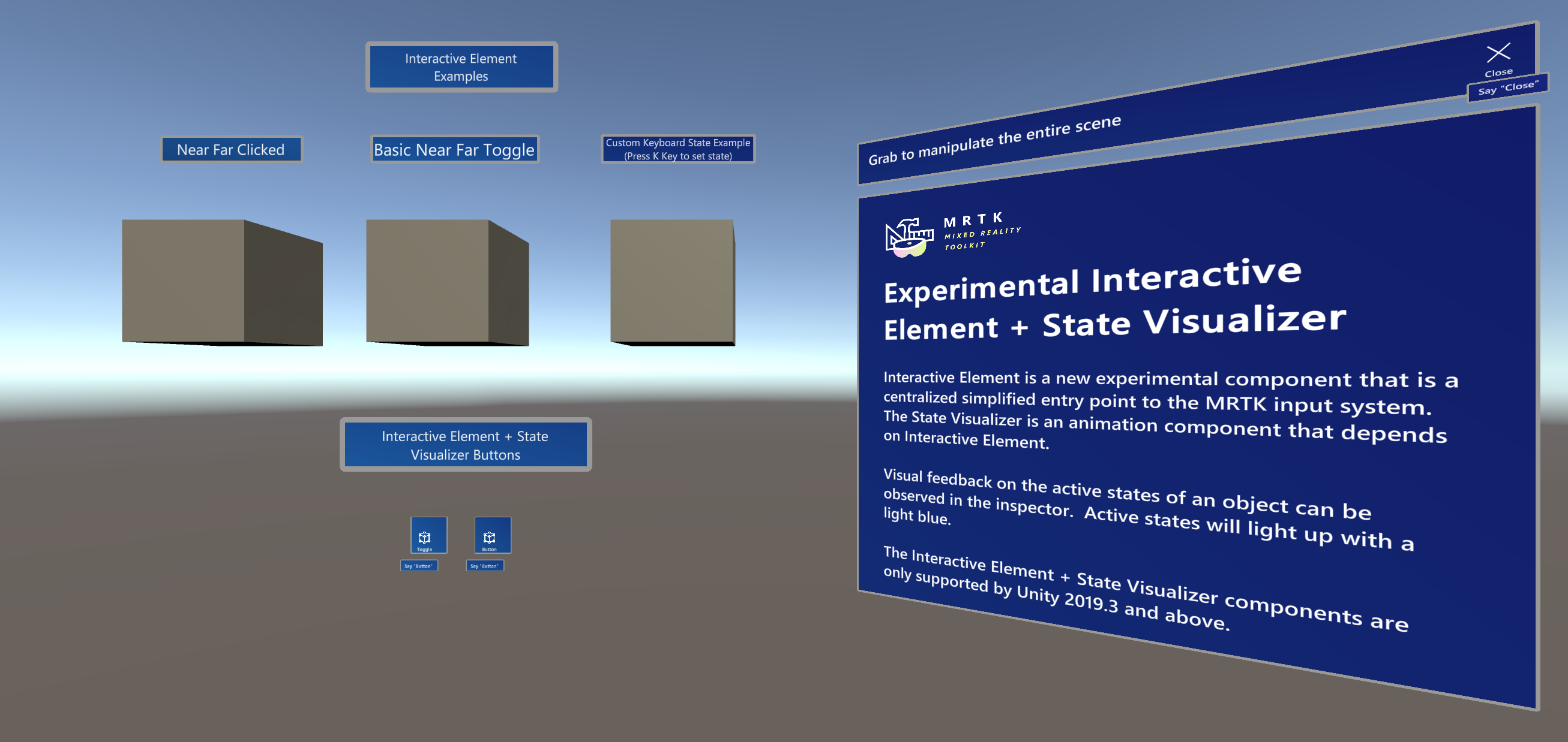 Voorbeeldscène met interactive element en state visualizer