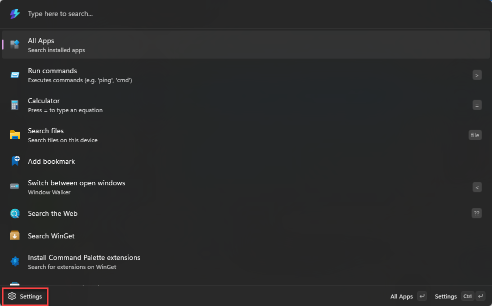 Een schermopname van de interface opdrachtpalet met de knop Instellingen rood gemarkeerd.