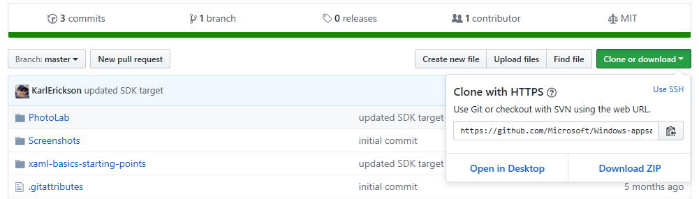 Het menu Klonen of downloaden op de GitHub-pagina van het PhotoLab-voorbeeld