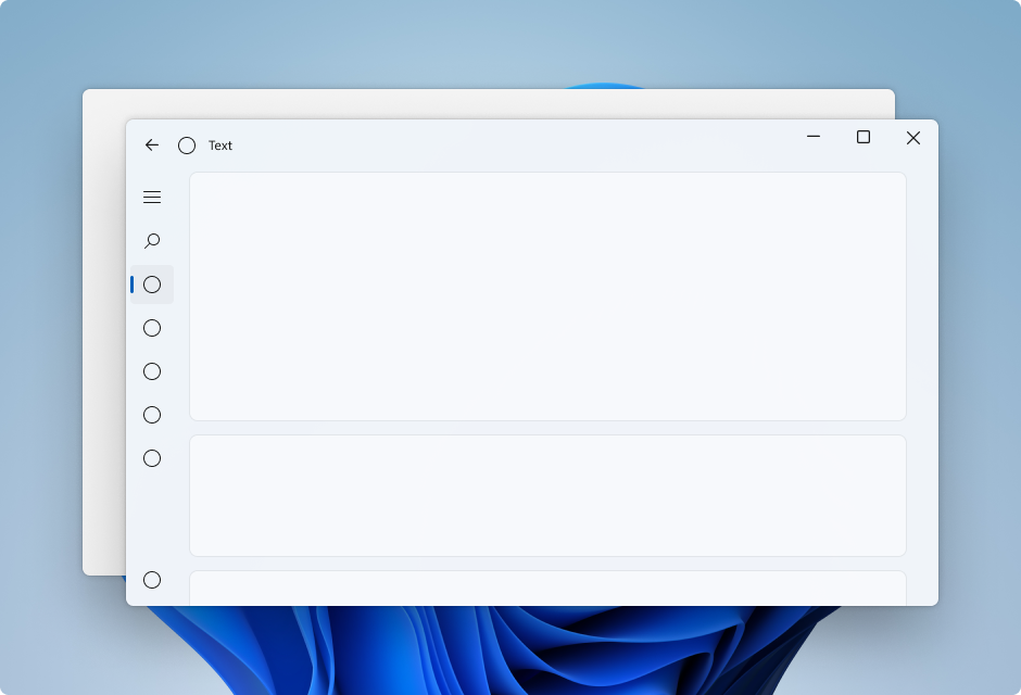 Een app-venster met linkernavigatie en mica-achtergrond tussen inhoudskaarten
