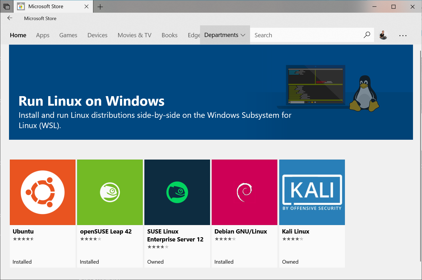 View of Linux distributions in the Microsoft Store