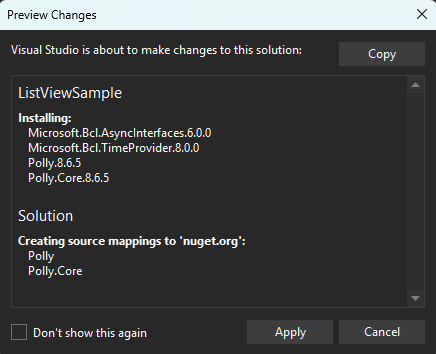 Preview changes window showing a Solution section with "Creating source mappings to 'nuget.org': Polly, Polly.Core" with an Apply, Copy, and Cancel button.