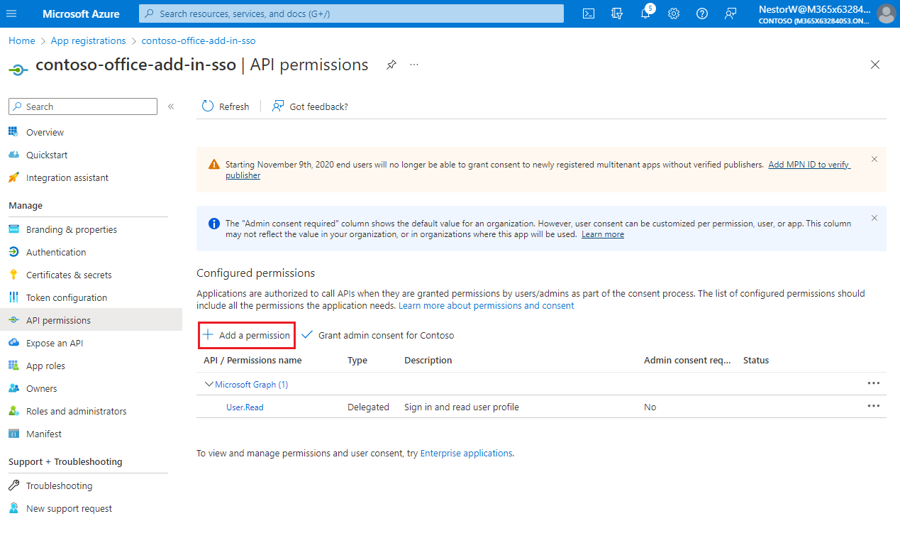Adding a permission on the API permissions pane.