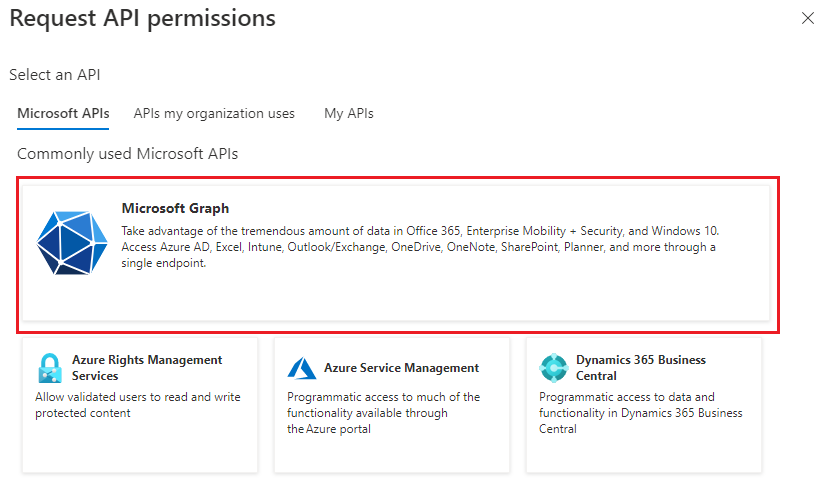 The Request API permissions pane with Microsoft Graph button.