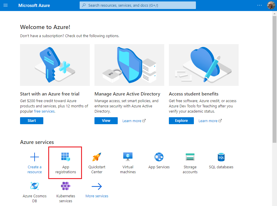 The Azure portal home page.