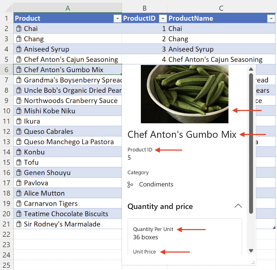An entity value data type with the card layout window displayed. The card shows the product name, product ID, quantity per unit, and unit price information.