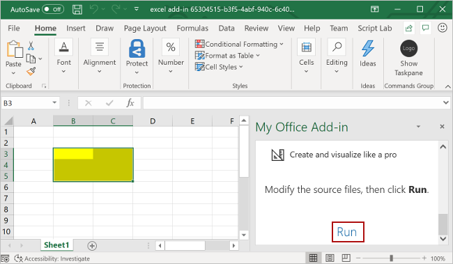 Excel with the add-in task pane open, and the Run button highlighted in the add-in task pane.