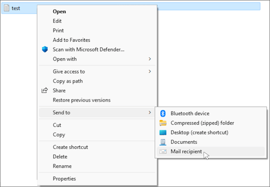 The 'Send to mail recipient' option selected in File Explorer.