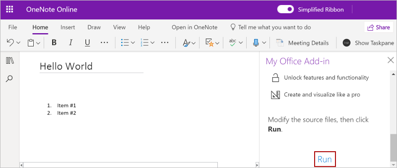 The add-in built from this walkthrough, where the Show Taskpane ribbon button was used to open the task pane in OneNote.