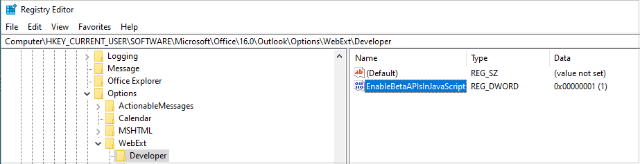 The EnableBetaAPIsInJavaScript registry value is set to 1.